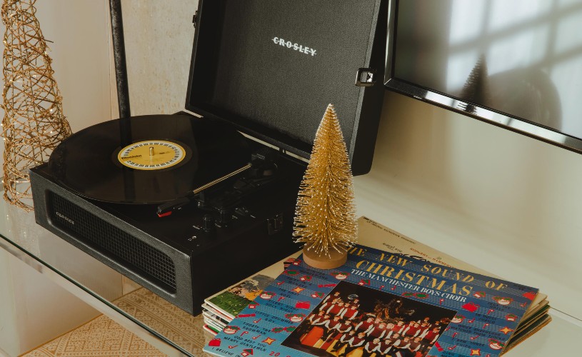 Christmas record next to record player